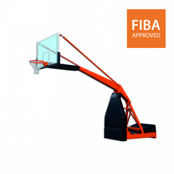 FIBA 1st Level Mobile indoor foldable basketball backstop with projection 325 cm adjustable height with electric pump