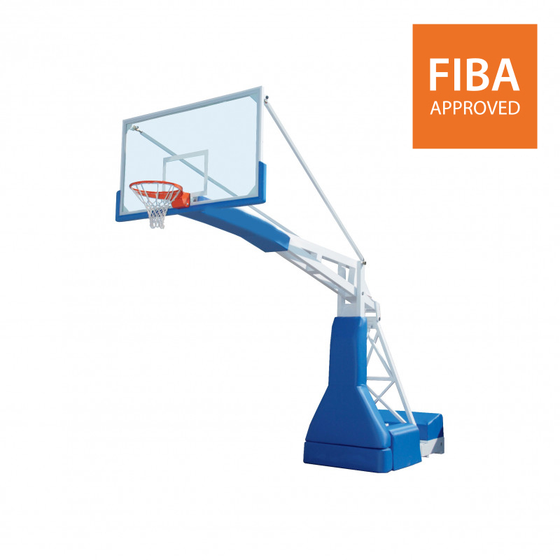 FIBA 1st Level Portable and foldable basketball backstop with projection 325 and adjustable height using manual pump FIBA 1st Level Portable and foldable basketball backstop with projection 325 and adjustable height using manual pump