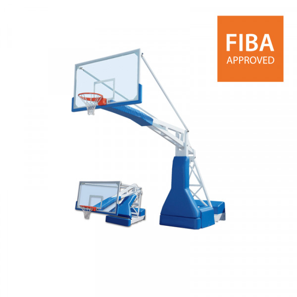 FIBA 1st Level Mobile foldable basketball backstop with projection 325 cm adjustable height with electric pump