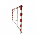 Aluminium handball goals with ground sockets and hinged base