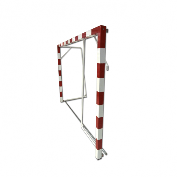 Aluminium handball goals with ground sockets and hinged base