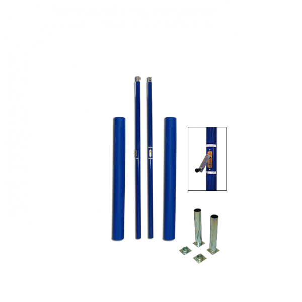 Varnished steel volleyball posts with pads and ground sockets